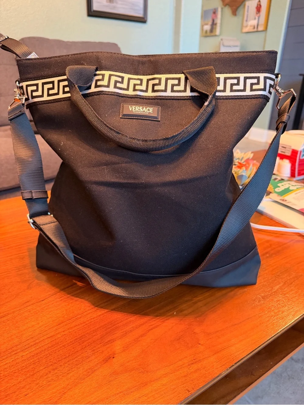 Versace Black Canvas Duffel Bag with Greca Trim